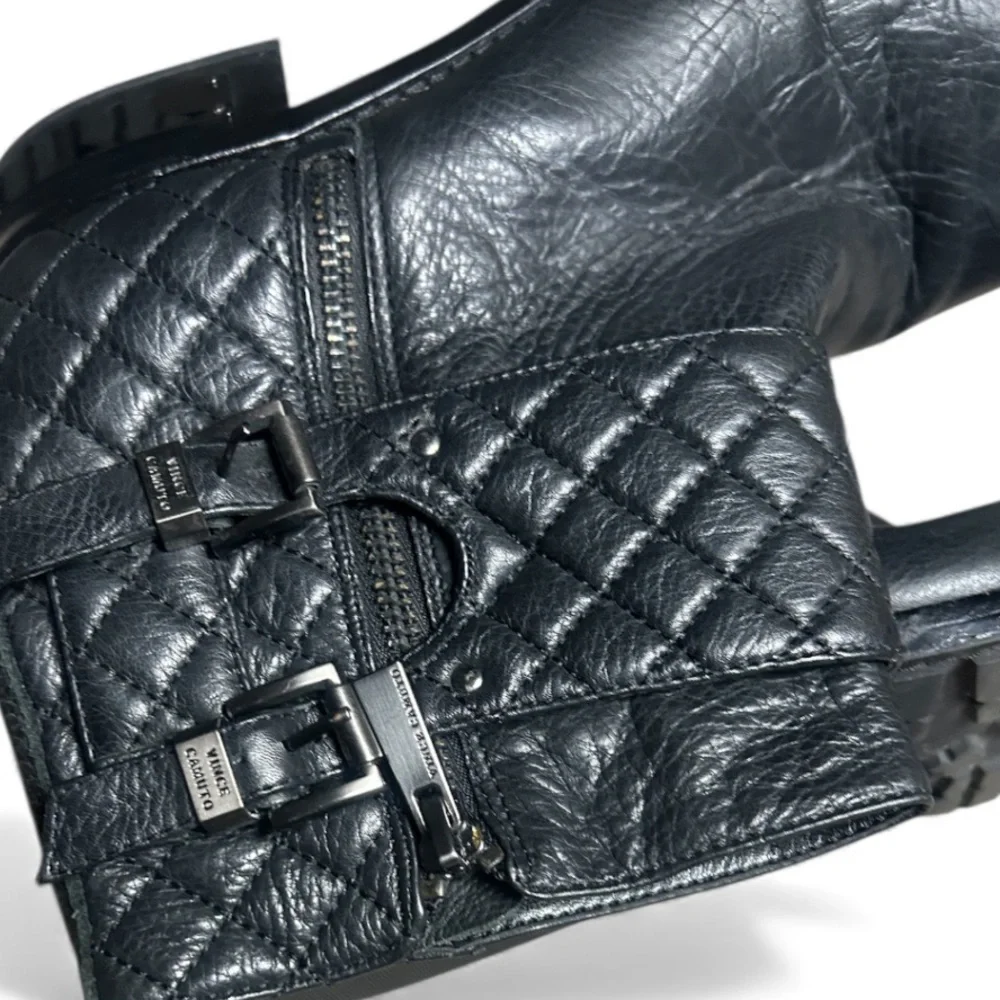 Vince Camuto Black Winta Burly Leather Quilted Detail Ankle Moto Boots Size 8.5M